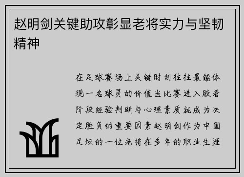 赵明剑关键助攻彰显老将实力与坚韧精神